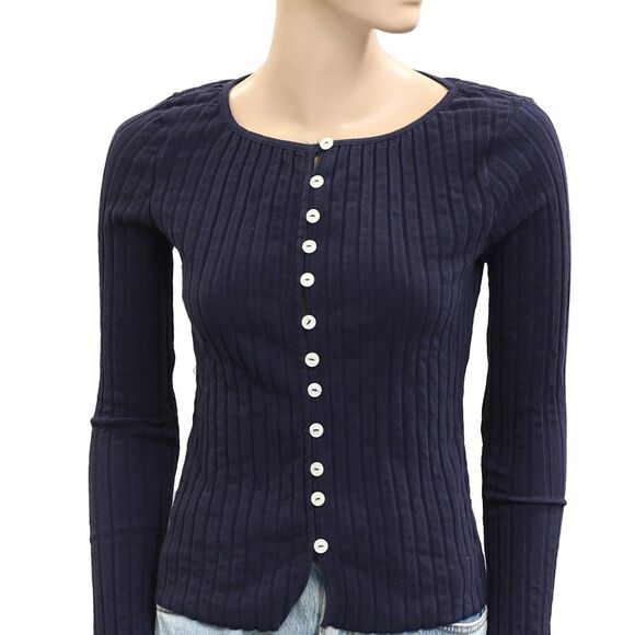 Free People Tilly Long-Sleeve Cardi Blouse Top Knit Ribbed Buttondown M 280623 - Picture 5 of 8